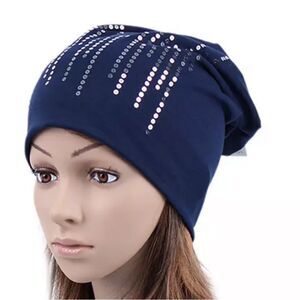 Navy Blue Waterfall Sequins Cotton Beanies Beanie Cap - NEW